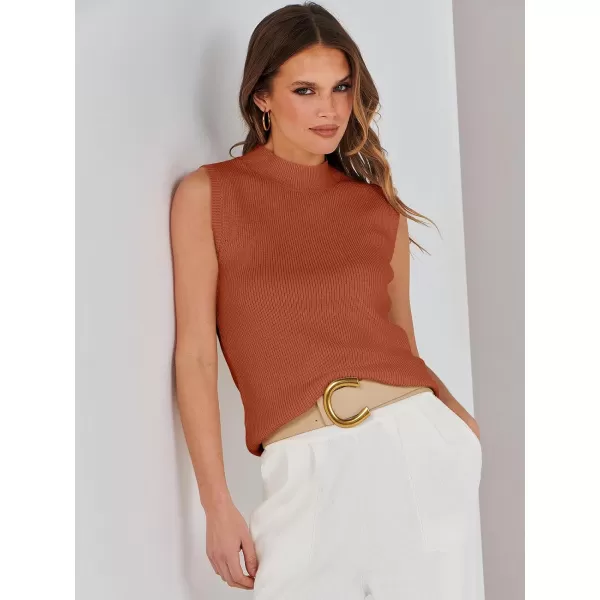 imageANRABESS Womens Mock Neck Knit Sweater Vest Casual Sleeveless Summer Trendy Ribbed Pullover Tank TopsRust