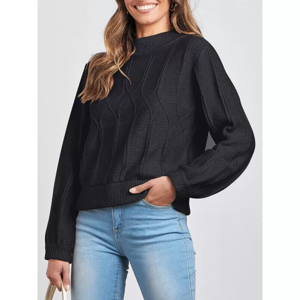 imageANRABESS Womens Mock Neck Long Sleeve Casual Loose Cable Knit Fall Cropped Pullover Sweater JumperBlack
