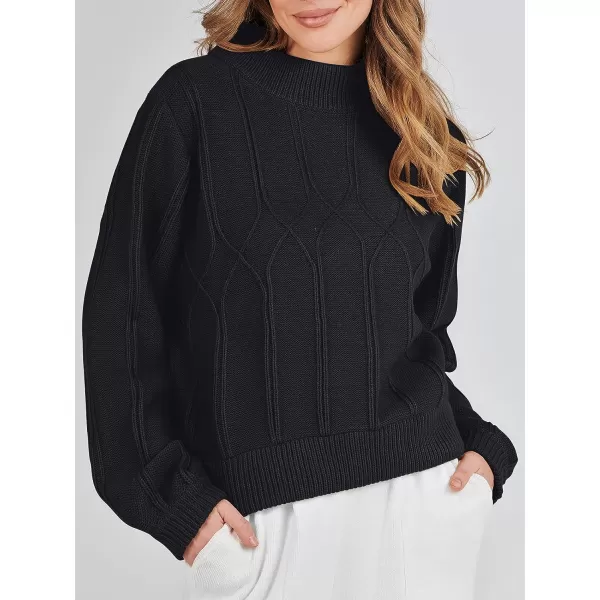 imageANRABESS Womens Mock Neck Long Sleeve Casual Loose Cable Knit Fall Cropped Pullover Sweater JumperBlack