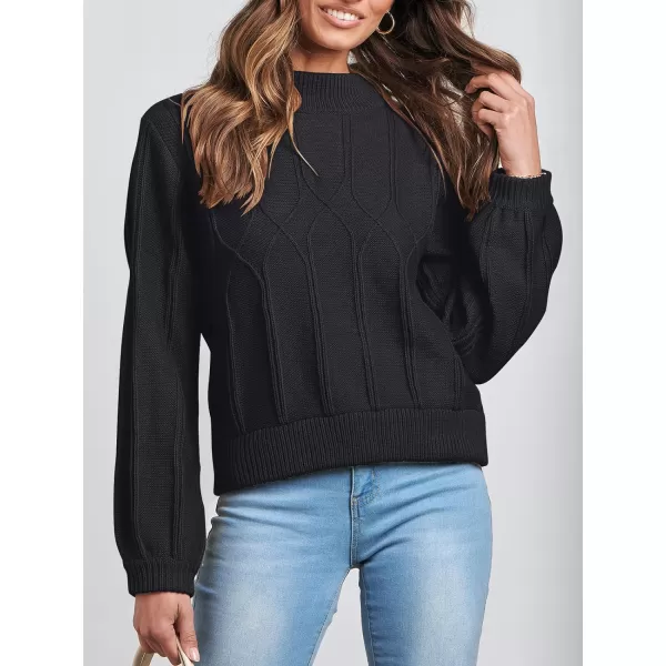 imageANRABESS Womens Mock Neck Long Sleeve Casual Loose Cable Knit Fall Cropped Pullover Sweater JumperBlack