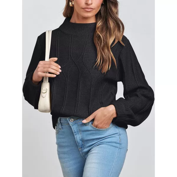 imageANRABESS Womens Mock Neck Long Sleeve Casual Loose Cable Knit Fall Cropped Pullover Sweater JumperBlack
