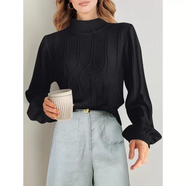 imageANRABESS Womens Mock Neck Long Sleeve Casual Loose Cable Knit Fall Cropped Pullover Sweater JumperBlack