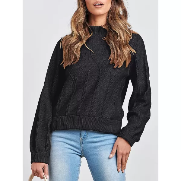 imageANRABESS Womens Mock Neck Long Sleeve Casual Loose Cable Knit Fall Cropped Pullover Sweater JumperBlack