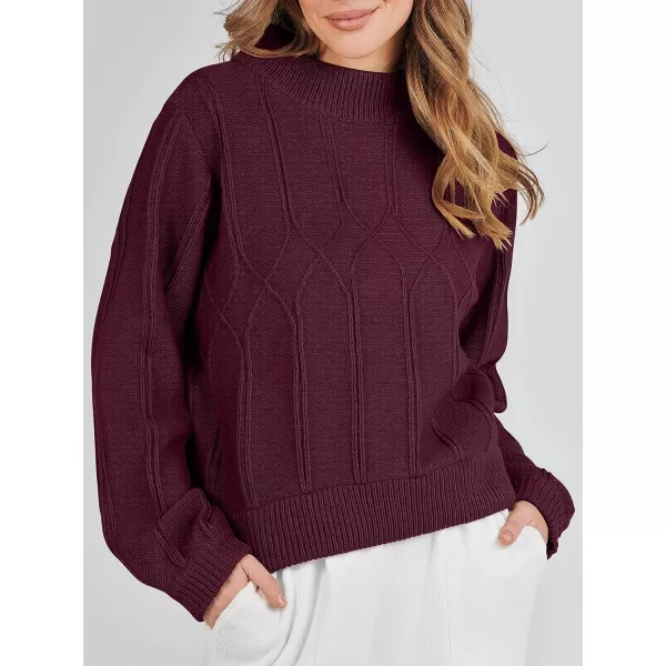 imageANRABESS Womens Mock Neck Long Sleeve Casual Loose Cable Knit Fall Cropped Pullover Sweater JumperBurgundy