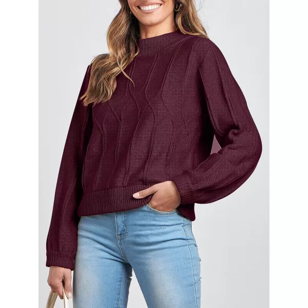 imageANRABESS Womens Mock Neck Long Sleeve Casual Loose Cable Knit Fall Cropped Pullover Sweater JumperBurgundy