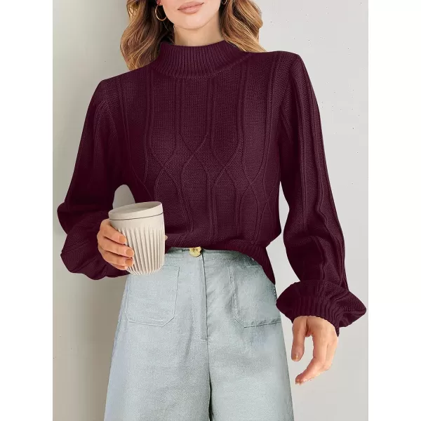 imageANRABESS Womens Mock Neck Long Sleeve Casual Loose Cable Knit Fall Cropped Pullover Sweater JumperBurgundy
