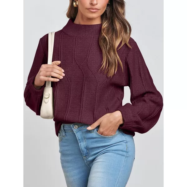 imageANRABESS Womens Mock Neck Long Sleeve Casual Loose Cable Knit Fall Cropped Pullover Sweater JumperBurgundy
