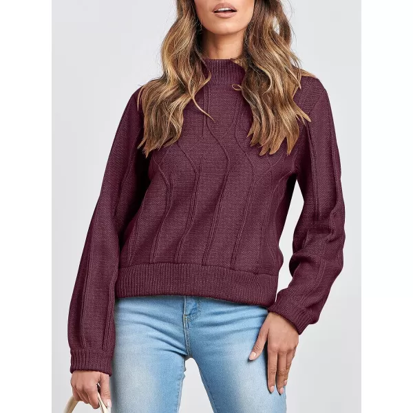 imageANRABESS Womens Mock Neck Long Sleeve Casual Loose Cable Knit Fall Cropped Pullover Sweater JumperBurgundy