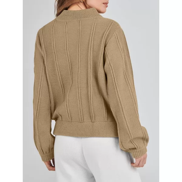 imageANRABESS Womens Mock Neck Long Sleeve Casual Loose Cable Knit Fall Cropped Pullover Sweater JumperKhaki