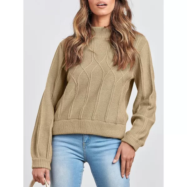 imageANRABESS Womens Mock Neck Long Sleeve Casual Loose Cable Knit Fall Cropped Pullover Sweater JumperKhaki