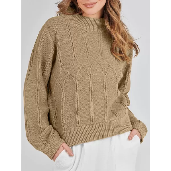 imageANRABESS Womens Mock Neck Long Sleeve Casual Loose Cable Knit Fall Cropped Pullover Sweater JumperKhaki