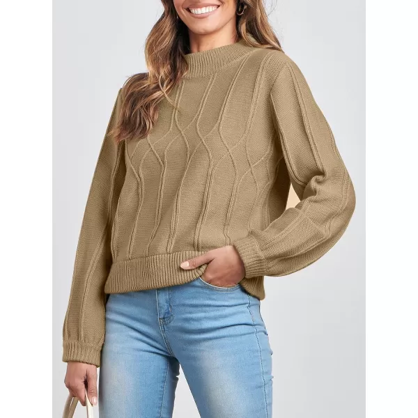 imageANRABESS Womens Mock Neck Long Sleeve Casual Loose Cable Knit Fall Cropped Pullover Sweater JumperKhaki