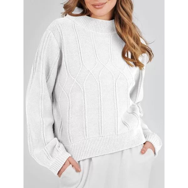 imageANRABESS Womens Mock Neck Long Sleeve Casual Loose Cable Knit Fall Cropped Pullover Sweater JumperWhite