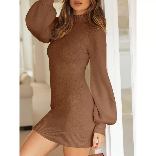 imageANRABESS Womens Mock Neck Ribbed Long Sleeve Bodycon Pullover Cute Mini Sweater DressBrown