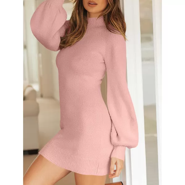 imageANRABESS Womens Mock Neck Ribbed Long Sleeve Bodycon Pullover Cute Mini Sweater DressPink