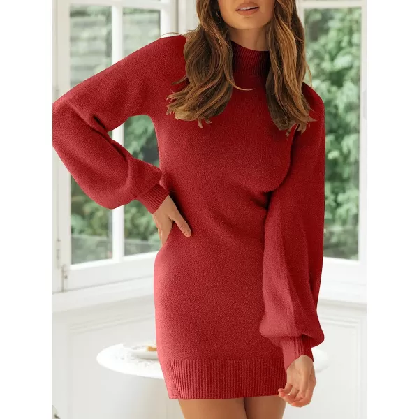 imageANRABESS Womens Mock Neck Ribbed Long Sleeve Bodycon Pullover Cute Mini Sweater DressRust