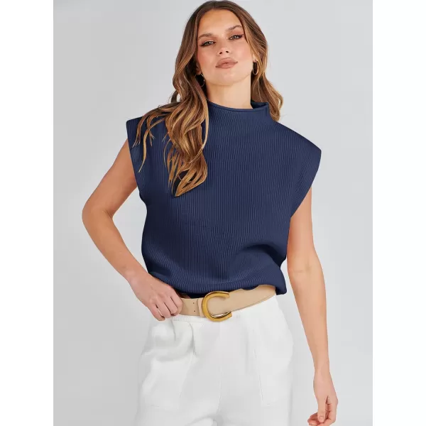 imageANRABESS Womens Mock Neck Sleeveless Sweater Vest Casual Solid Cap Sleeve Knit Pullover Tank Tops 2024 Spring ClothesDark Blue