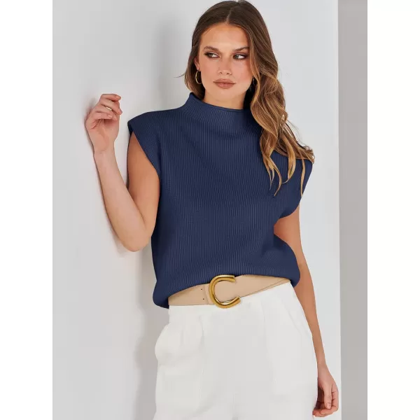 imageANRABESS Womens Mock Neck Sleeveless Sweater Vest Casual Solid Cap Sleeve Knit Pullover Tank Tops 2024 Spring ClothesDark Blue