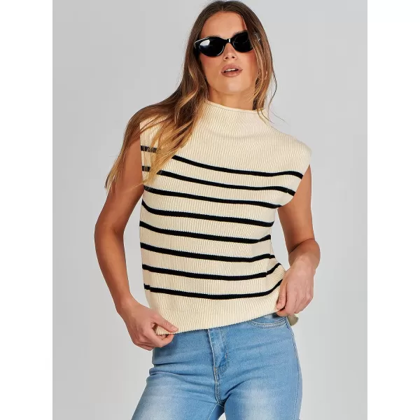 imageANRABESS Womens Mock Neck Sleeveless Sweater Vest Casual Solid Cap Sleeve Knit Pullover Tank Tops 2024 Spring ClothesStripe Beige