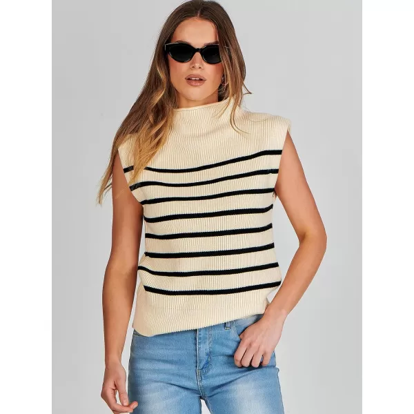 imageANRABESS Womens Mock Neck Sleeveless Sweater Vest Casual Solid Cap Sleeve Knit Pullover Tank Tops 2024 Spring ClothesStripe Beige