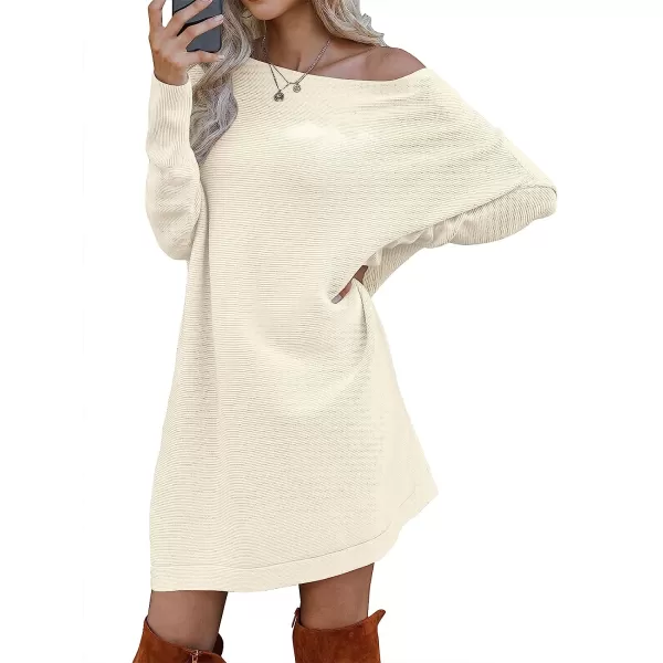 imageANRABESS Womens Off Shoulder Boat Neck Long Batwing Sleeve Casual Loose Oversized Pullover Tunic SweatersApricot