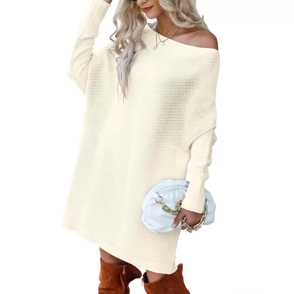 imageANRABESS Womens Off Shoulder Boat Neck Long Batwing Sleeve Casual Loose Oversized Pullover Tunic SweatersApricot