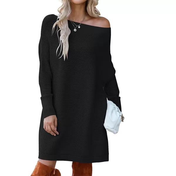 imageANRABESS Womens Off Shoulder Boat Neck Long Batwing Sleeve Casual Loose Oversized Pullover Tunic SweatersBlack