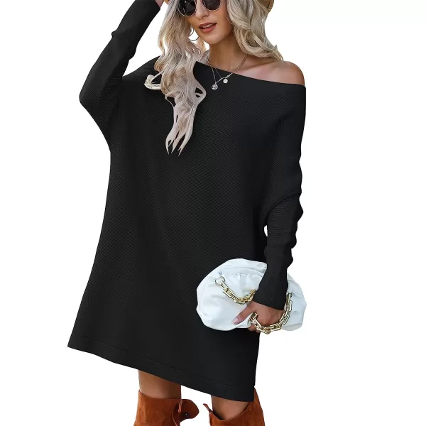 imageANRABESS Womens Off Shoulder Boat Neck Long Batwing Sleeve Casual Loose Oversized Pullover Tunic SweatersBlack