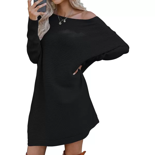imageANRABESS Womens Off Shoulder Boat Neck Long Batwing Sleeve Casual Loose Oversized Pullover Tunic SweatersBlack