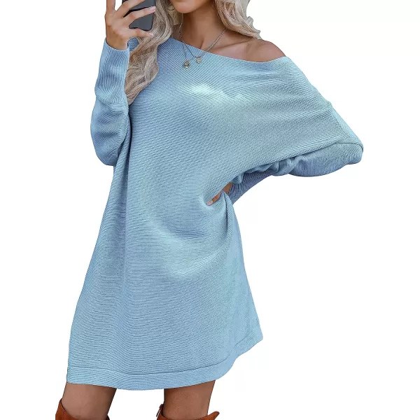imageANRABESS Womens Off Shoulder Boat Neck Long Batwing Sleeve Casual Loose Oversized Pullover Tunic SweatersBlue