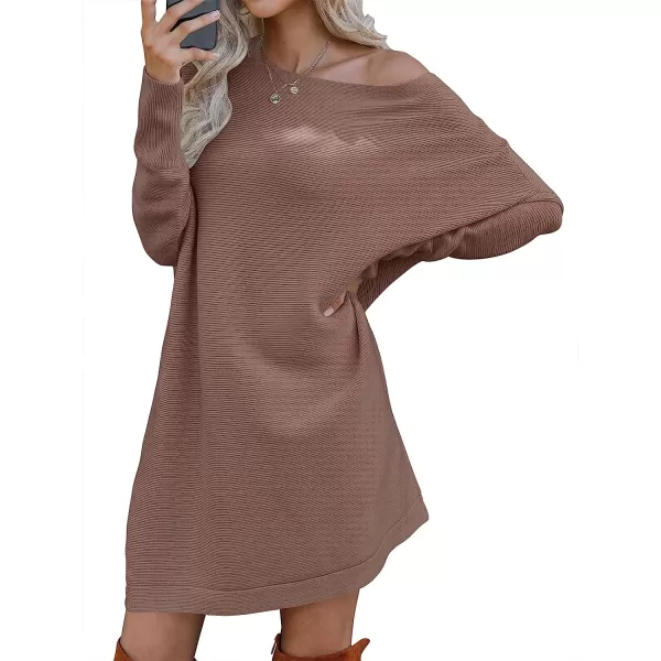 imageANRABESS Womens Off Shoulder Boat Neck Long Batwing Sleeve Casual Loose Oversized Pullover Tunic SweatersBrown