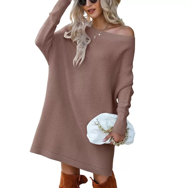 imageANRABESS Womens Off Shoulder Boat Neck Long Batwing Sleeve Casual Loose Oversized Pullover Tunic SweatersBrown