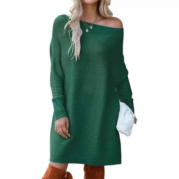 imageANRABESS Womens Off Shoulder Boat Neck Long Batwing Sleeve Casual Loose Oversized Pullover Tunic SweatersDark Green