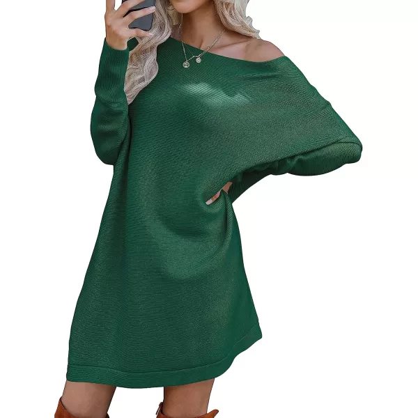 imageANRABESS Womens Off Shoulder Boat Neck Long Batwing Sleeve Casual Loose Oversized Pullover Tunic SweatersDark Green