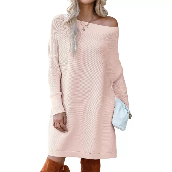 imageANRABESS Womens Off Shoulder Boat Neck Long Batwing Sleeve Casual Loose Oversized Pullover Tunic SweatersPink
