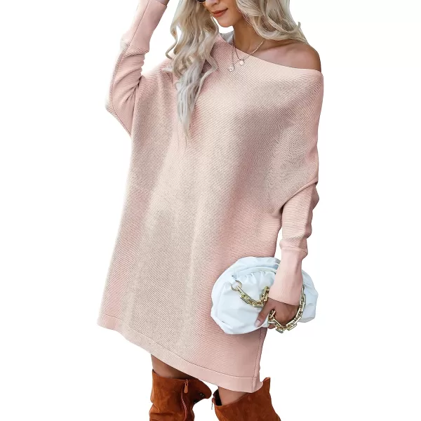 imageANRABESS Womens Off Shoulder Boat Neck Long Batwing Sleeve Casual Loose Oversized Pullover Tunic SweatersPink