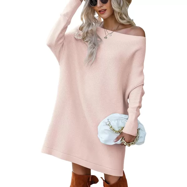 imageANRABESS Womens Off Shoulder Boat Neck Long Batwing Sleeve Casual Loose Oversized Pullover Tunic SweatersPink