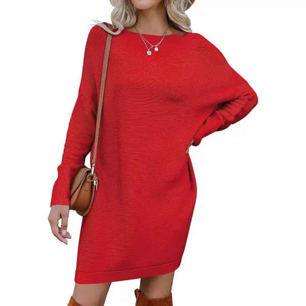 imageANRABESS Womens Off Shoulder Boat Neck Long Batwing Sleeve Casual Loose Oversized Pullover Tunic SweatersRed