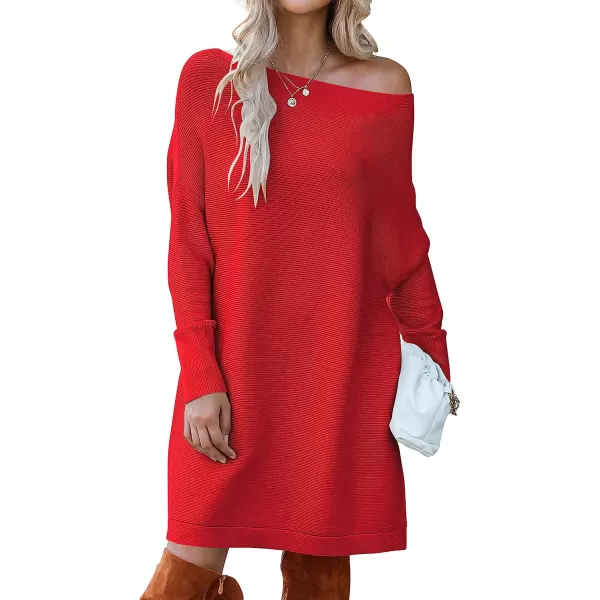 imageANRABESS Womens Off Shoulder Boat Neck Long Batwing Sleeve Casual Loose Oversized Pullover Tunic SweatersRed