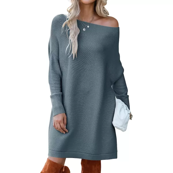 imageANRABESS Womens Off Shoulder Boat Neck Long Batwing Sleeve Casual Loose Oversized Pullover Tunic SweatersTeal