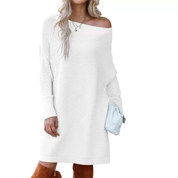 imageANRABESS Womens Off Shoulder Boat Neck Long Batwing Sleeve Casual Loose Oversized Pullover Tunic SweatersWhite