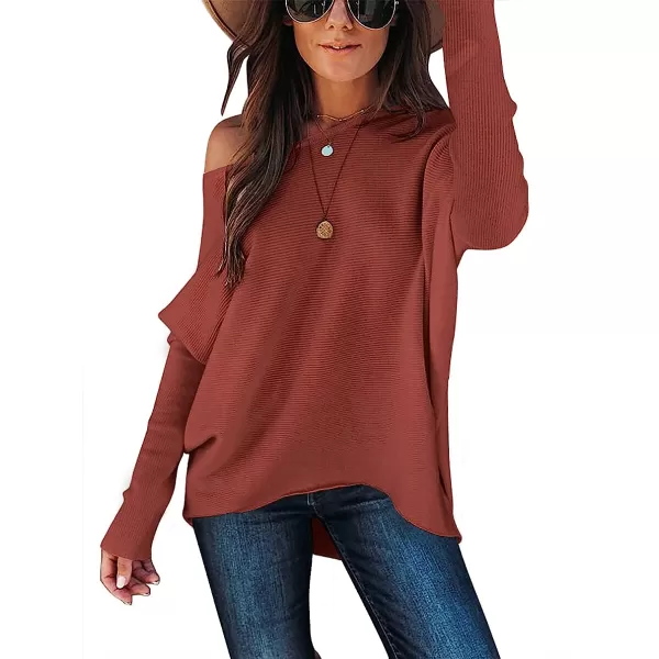 imageANRABESS Womens Off Shoulder Long Batwing Sleeve Oversized Pullover High Low Dolman Sweater Knit Loose Jumper Tunics Tops01 Rust