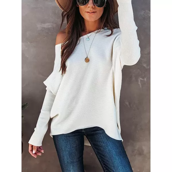 imageANRABESS Womens Off Shoulder Long Batwing Sleeve Oversized Pullover High Low Dolman Sweater Knit Loose Jumper Tunics Tops02 White