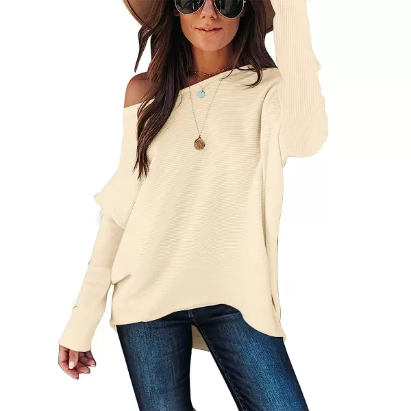 imageANRABESS Womens Off Shoulder Long Batwing Sleeve Oversized Pullover High Low Dolman Sweater Knit Loose Jumper Tunics TopsApricot