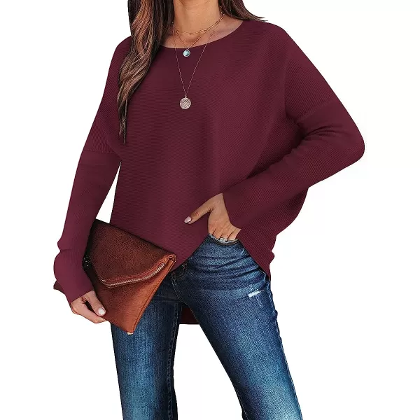 imageANRABESS Womens Off Shoulder Long Batwing Sleeve Oversized Pullover High Low Dolman Sweater Knit Loose Jumper Tunics TopsBurgundy