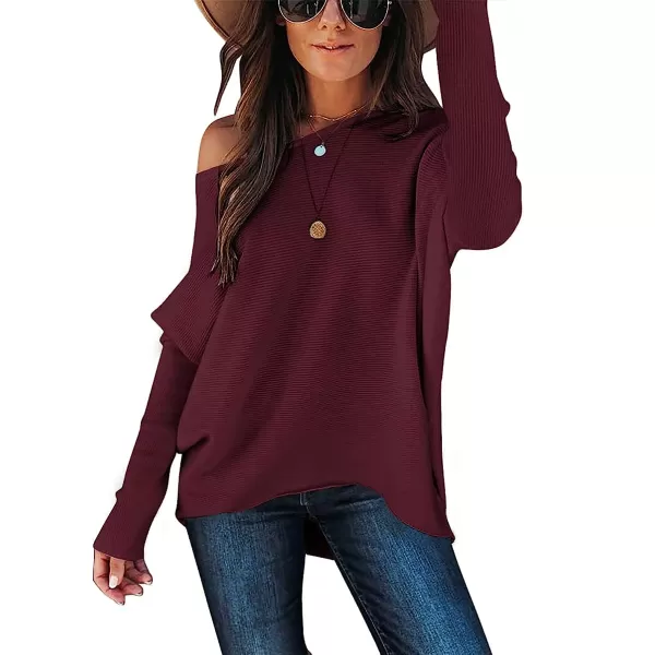 imageANRABESS Womens Off Shoulder Long Batwing Sleeve Oversized Pullover High Low Dolman Sweater Knit Loose Jumper Tunics TopsBurgundy