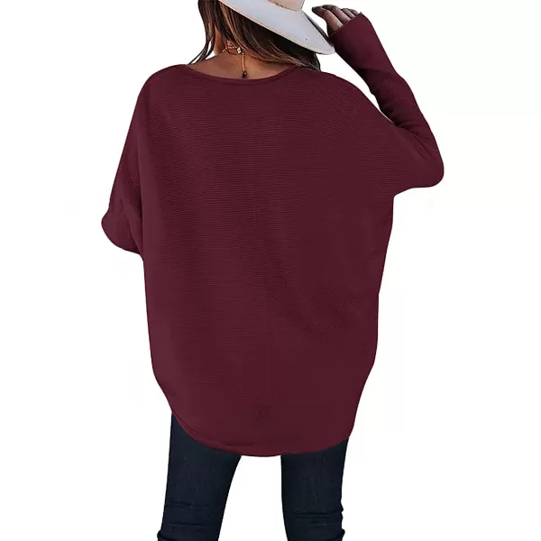 imageANRABESS Womens Off Shoulder Long Batwing Sleeve Oversized Pullover High Low Dolman Sweater Knit Loose Jumper Tunics TopsBurgundy