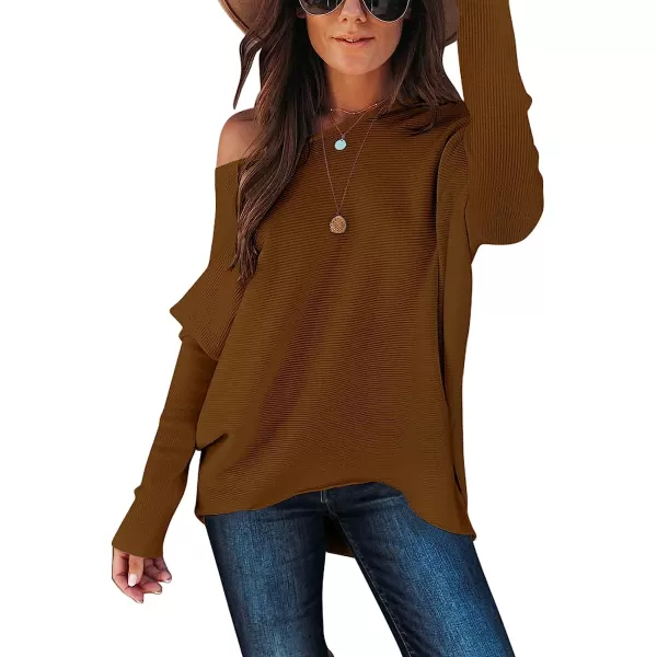 imageANRABESS Womens Off Shoulder Long Batwing Sleeve Oversized Pullover High Low Dolman Sweater Knit Loose Jumper Tunics TopsDark Coffee