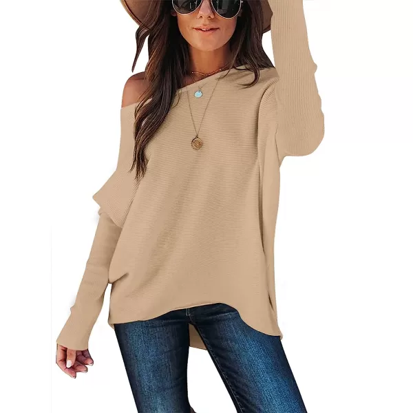 imageANRABESS Womens Off Shoulder Long Batwing Sleeve Oversized Pullover High Low Dolman Sweater Knit Loose Jumper Tunics TopsDeep Apricot