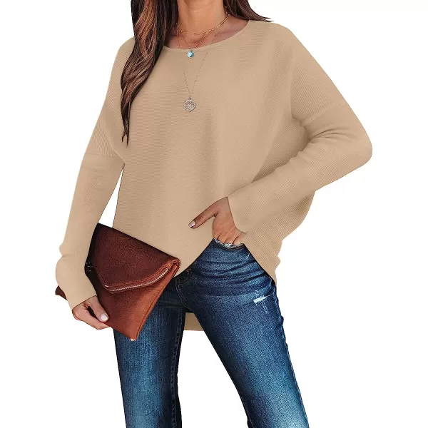 imageANRABESS Womens Off Shoulder Long Batwing Sleeve Oversized Pullover High Low Dolman Sweater Knit Loose Jumper Tunics TopsDeep Apricot